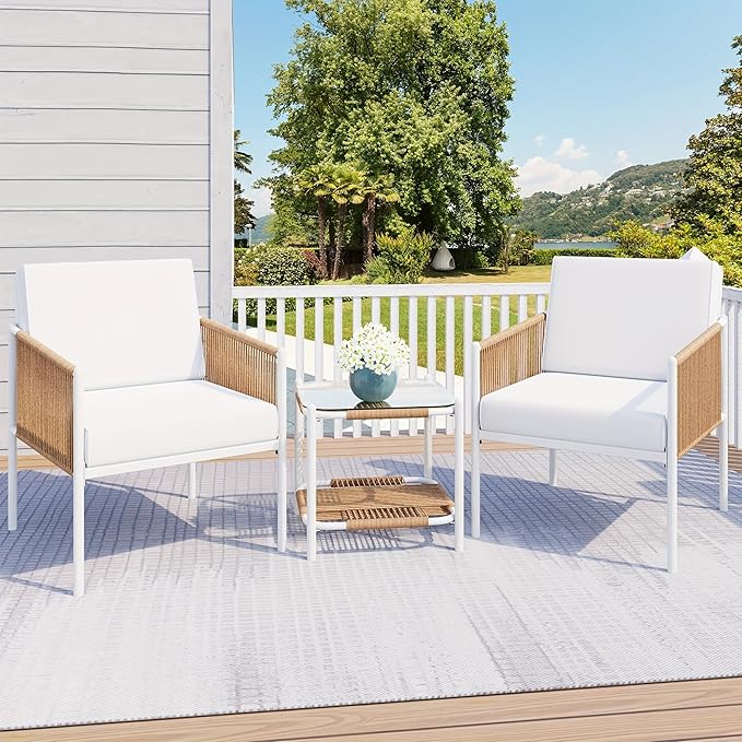 Vongrasig Outdoor Patio Furniture Set 3 Piece, Rattan Furniture Conversation Set, Small Wicker Patio Furniture Set for Porch, Backyard, Balcony with Soft Cushions and Glass Table