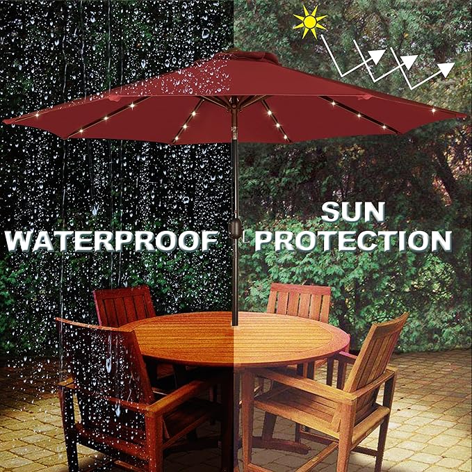 Blissun 9 ft Solar Umbrella, 32 LED Lighted Patio Umbrella, Table Market Umbrella, Outdoor Umbrella for Garden, Deck, Backyard, Pool and Beach (Burgundy)