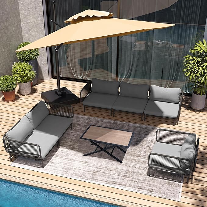 7PCS Patio Furniture Set, Oversized Outdoor Sectional Furniture with Metal Frame, 6-Seats Conversation Set with Height Adjustable Coffee Table for Outdoor