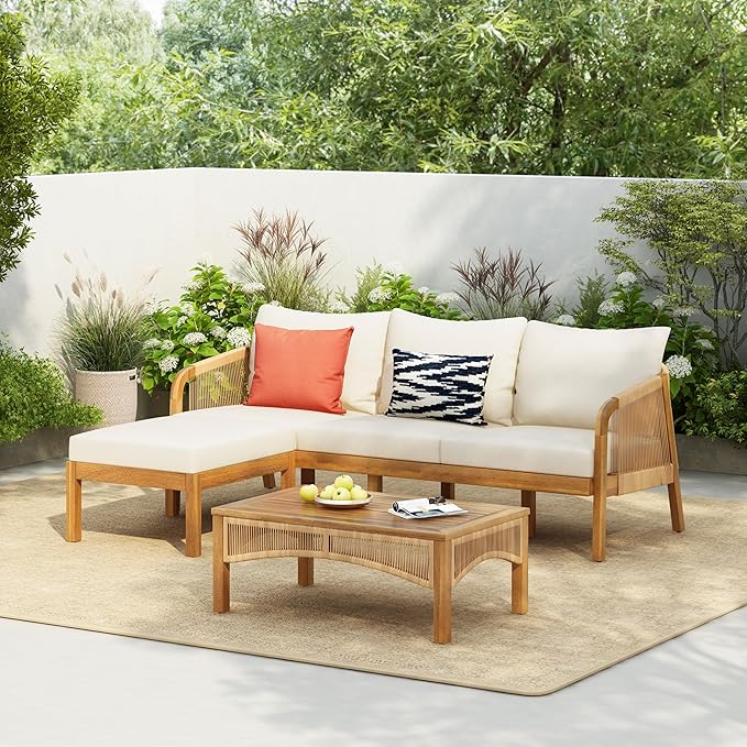 Christopher Knight Home Havets 3 Pieces Acacia Wood Patio Furniture Set, Faux Rattan Sofa and Coffee Table, Outdoor Conversation Sets with 6" Thick Cushions for Backyard Garden Balcony, Teak+Beige