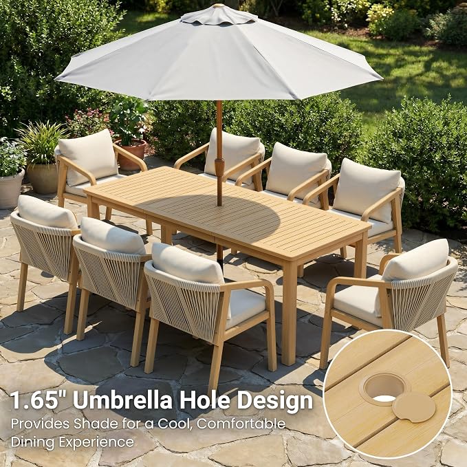 FansaFurn 3-Piece Acacia Patio Table and Chairs Set for All-Weather, Outside Furniture with Table Umbrella Hole and Removable Cushion, Patio Furniture Set with Outdoor Bench for Garden Lawn, Beige