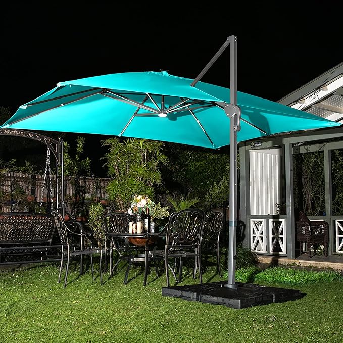 Sunnyglade 10x13ft Solar Powered LED Cantilever Patio Umbrella Square Deluxe Offset Umbrella 360°Rotation & Integrated Tilting System & LED lights for Market Garden Deck Pool Backyard Patio