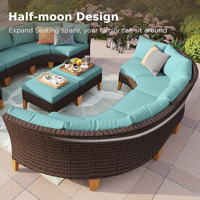 PHI VILLA 7-Piece Wicker Patio Furniture Set, Outdoor Half-Moon Curved Sectional Sofa with Thick Aqua Blue Cushions, 2 Ottomans, 2 Single Seats, Large Conversation Seating for Garden or Backyard