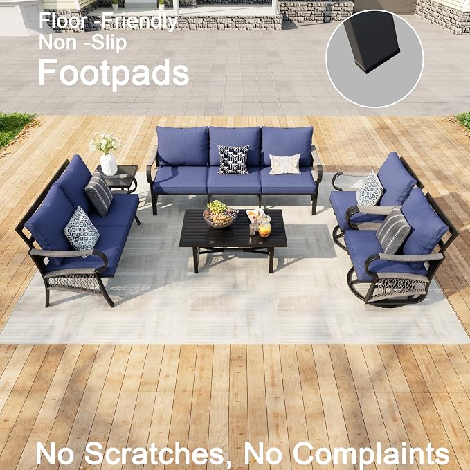 6 Pieces Modern Patio Furniture Set, All Weather Metal Outdoor Conversation Sets with 5.1" Extra Thick Cushion for Backyard Garden Deck Porch Poolside, Blue