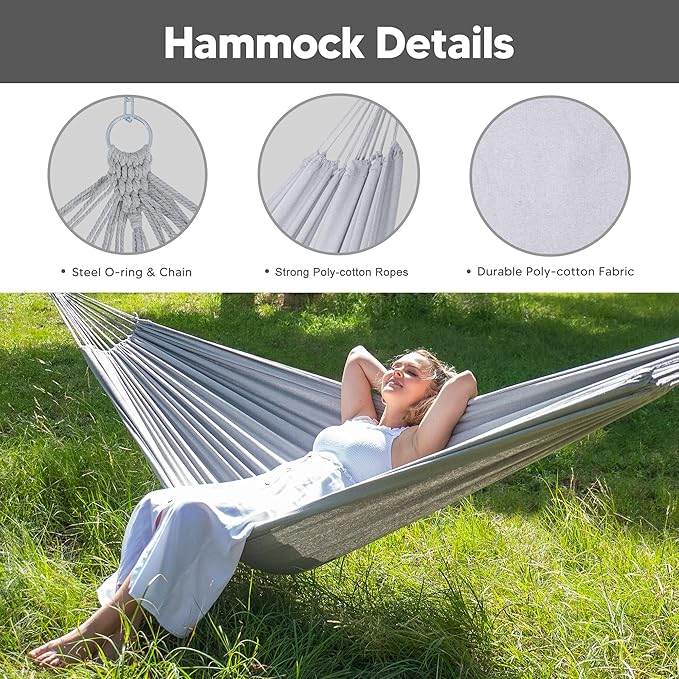 SUNCREAT Portable Large Hammock with Stand, Two Person Hammock with Stand Included, Patent Pending, Light Gray