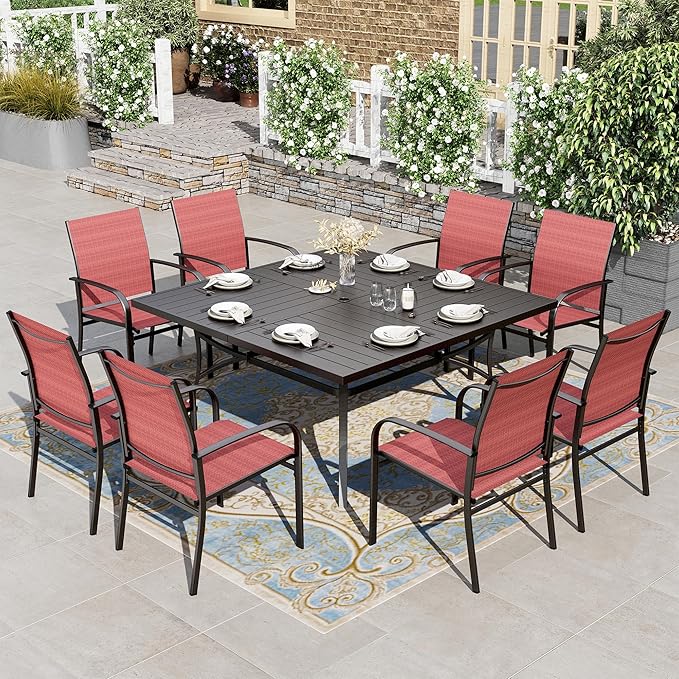 HERA'S HOUSE Patio Dining Set 9 Pieces, Outdoor Table and Chairs Set for 8, 8 x Red Textilene Dining Chair, 60" Square Metal Dining Table with 1.57" Umbrella Hole, for Lawn Garden Backyard Deck