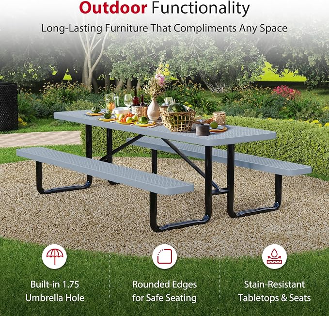 Leisure Craft Metal Picnic Table with Bench - 8 ft Rectangle Outdoor Dining Table for 8, Umbrella Hole, Weatherproof Heavy Duty Thermoplastic Coating, Commercial Grade Furniture Made in USA - Gray