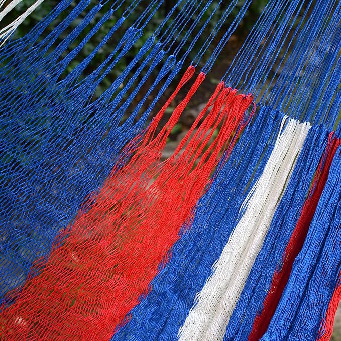 NOVICA Red White and Blue Striped Hand Woven Nylon Mayan 2 Person XL Patriotic Rope Hammock with Hanging Accessories, 'Patriotic' (Double)