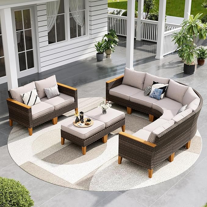 Sophia & William Outdoor Wicker Sectional Sofa Set, Half Moon Curved Patio Furniture Set with Ottman, High Back Rattan Patio Conversation Set for Backyard, Porch, Garden(Beige, 10 Piece)