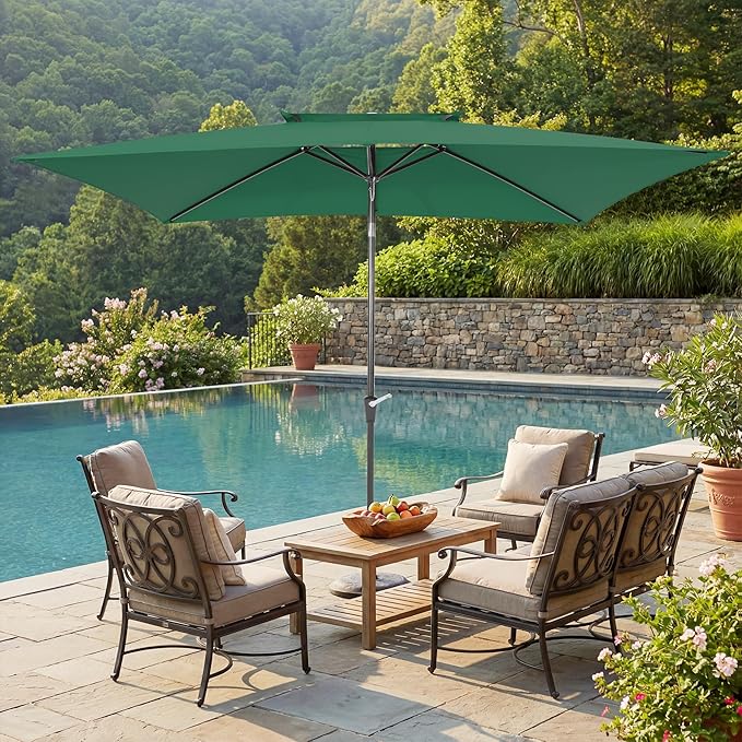 6.6 x 10 ft Rectangular Patio Umbrella, Outdoor Market Table Umbrella with Push Button Tilt and Crank, Double-Tier Vent, 6 Ribs, Rectangle Patio Umbrella for Backyard, Deck, Pool, Fits 4–6 Chairs and Tables (Dark Green)