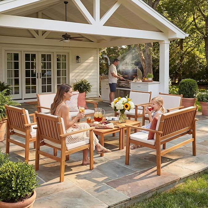 Devoko Patio Furniture Set 8 Pieces Acacia Wood Outdoor Furniture, Patio Set with Table & Cushions for Garden, Deck, Backyard, Natural