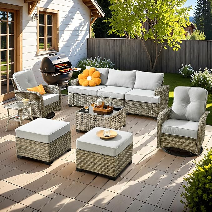 9 Pcs Outdoor Sectional Patio Furniture Set with Swivel Rocking Chair and Ottomans - All Weather Wicker Outside Sectional Couch,Patio Seating Outdoor Conversation Sets for Deck Yard Garden,Grey