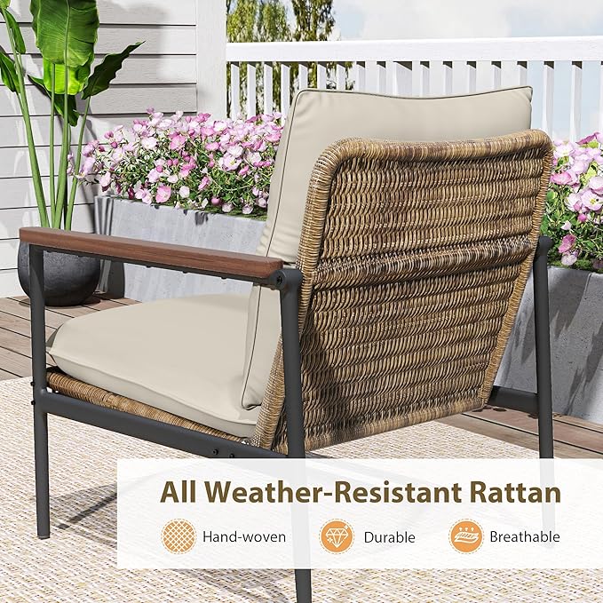 HAPPATIO 4-Piece Outdoor Furniture Set, Aluminum Patio Converation Set with Wicker Seat and Acacia Wood Armrest, 3-Seat Sofa Set with Olefin Cushion and Wood Table for Garden Lawn Backyard
