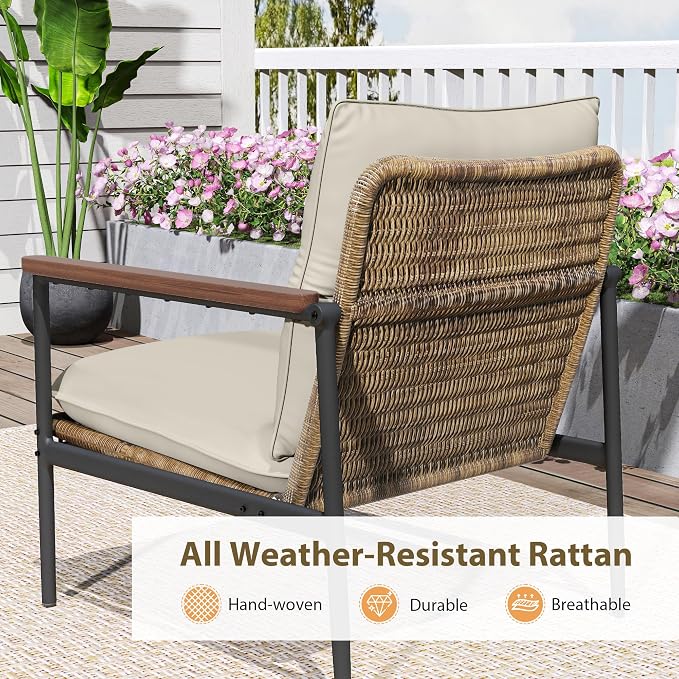 HAPPATIO 3-Piece Outdoor Furniture Set, Patio Aluminum Conversation Set with Wicker Seat and Acacia Wood Armrest, Removable Thick Olefin Cushion for Garden Lawn Backyard