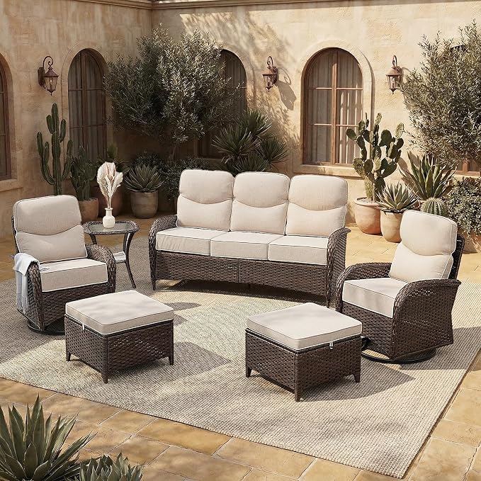 Patio Furniture Set with Luxury 6" Cushions, 6 Pcs Swivel Rocking Patio High Back Chairs and Couch, Outdoor Wicker Conversation Set for Deck, Porch, Backyard, Poolside, Beige