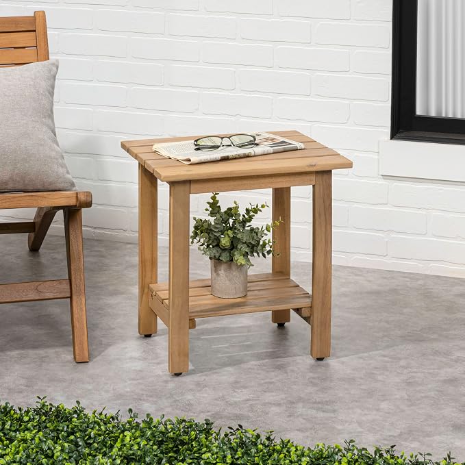 JONATHAN Y Kellie 16" Modern Light Teak Acacia Wood Outdoor Side Table with 2-Tier Storage, Weather-Resistant Rectangular Slatted End Table for Patio, Garden, Deck, and Porch END6001T