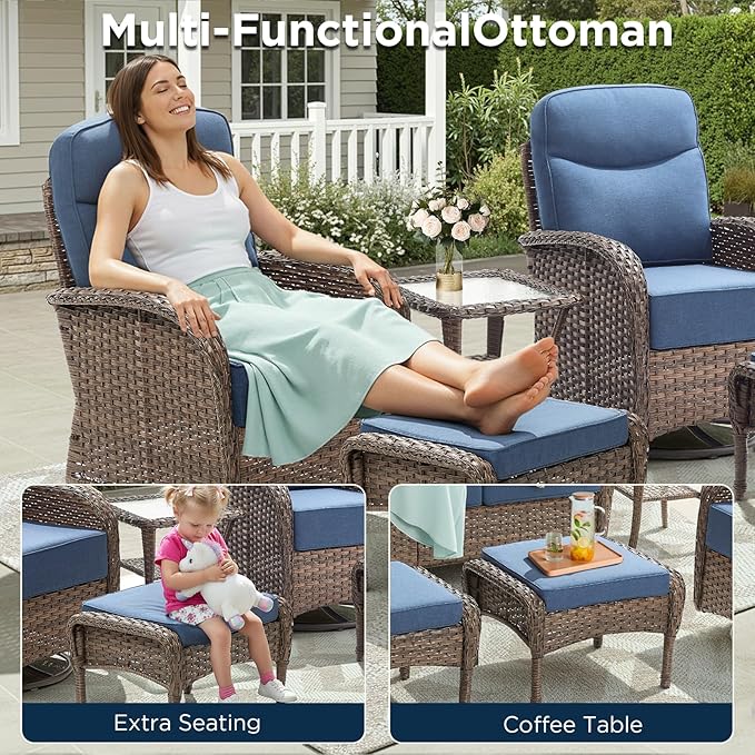 3 Pieces Luxury Patio Furniture Sofa Set with 6-Inch Thick Cushions, Outdoor Wicker Patio Furniture Covered Couch with Multifunctional Ottoman, Patio Conversation Set for Porch Garden, Blue