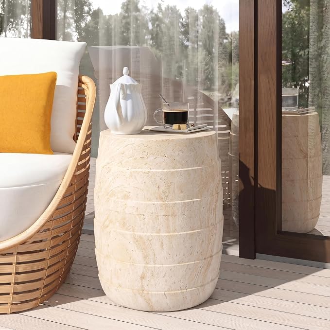 Christopher Knight Home Yayce 18.31" H Indoor Outdoor Accent Side Table, Patio Decorative End Table, Cylindrical Lightweight Concrete Garden Stool for Patio Balcony & Garden Decor, Light Beige