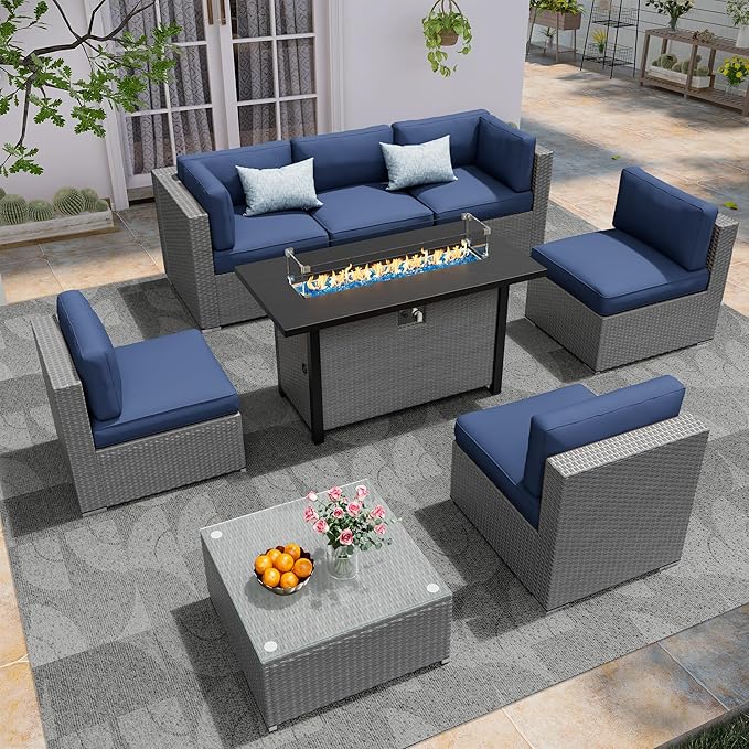 8 Pieces Outdoor Patio Furniture Set with 45” Propane Gas Firepit Table, Grey Wicker Patio Sectional Sofa Set, Outdoor Couch with Cushion and Tempered Glass Table, Dark Blue