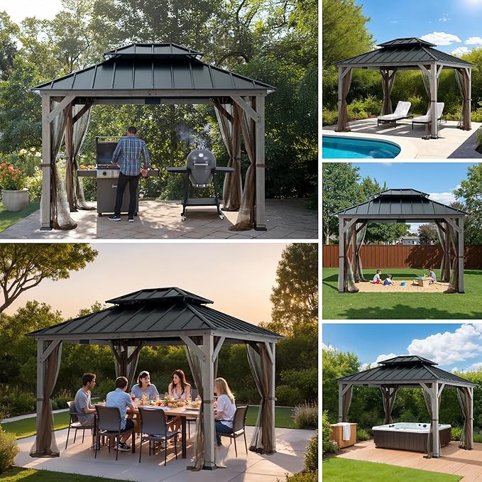 SUNJOY 10x12 Hardtop Wood Gazebo with Galvanized Steel Roof, LED String Lights & Mosquito Netting, Outdoor Permanent Pavilion Cedar Gazebo for Backyard, Garden, Patio, Deck, Lawn - Matte Black Roof