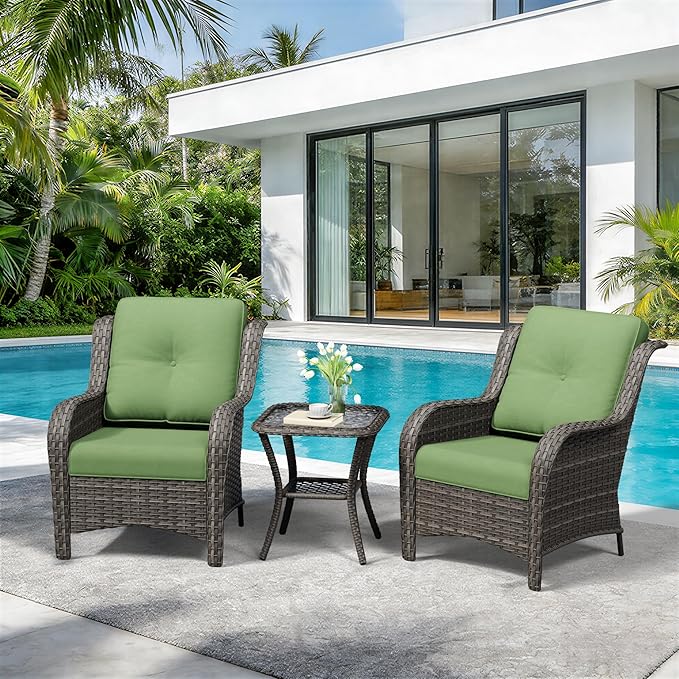 3 Pieces Outdoor Wicker Patio Furniture Set - Patio Chairs Set with Thickened Olefin Cushions, High Back and Deep Seating, Curved Armrest, PE Rattan for Porch, Deck, Balcony,Green