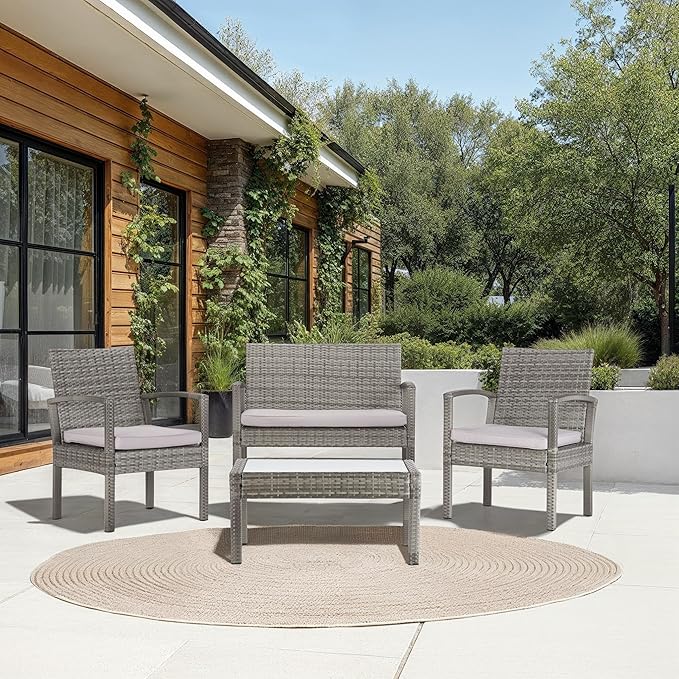 Safavieh PAT7507B Collection Bassey Grey 4-Piece Outdoor Living Patio Set