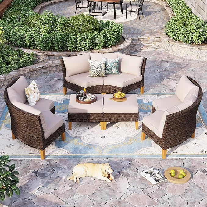 Sophia & William Half-Moon Outdoor Patio Furniture Set 8 Piece Large & High Back Wicker Rattan Patio Sectional Furniture Sofa Set Fan-Shaped Conversation Set with Ottomans & 4" Thick Cushions, Beige