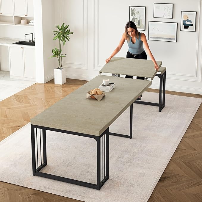 23.6" - 118" Extendable Dining Room Table, Modern Extra Long Folding Dining Tables for 2-10 People, Adjustable Kitchen Dinner Table, Outdoor Patio Furniture Set, Ancient White