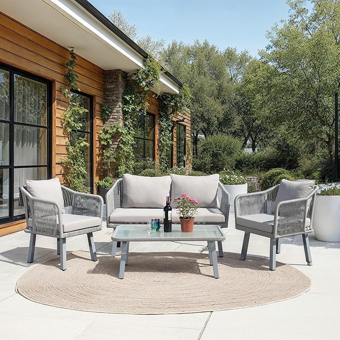 Safavieh Outdoor Collection Torsla Wicker Cushion 4-Piece Rope Patio Backyard Living Set PAT7520C, Grey/Grey