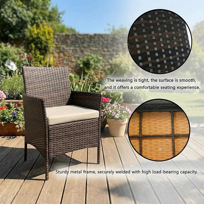 GarveeLife 3 Pieces Patio Furniture Set, Outdoor Furniture Sets with Cushions and Tempered Glass Table for Porch & Garden, Brown Wicker/Beige Cushions