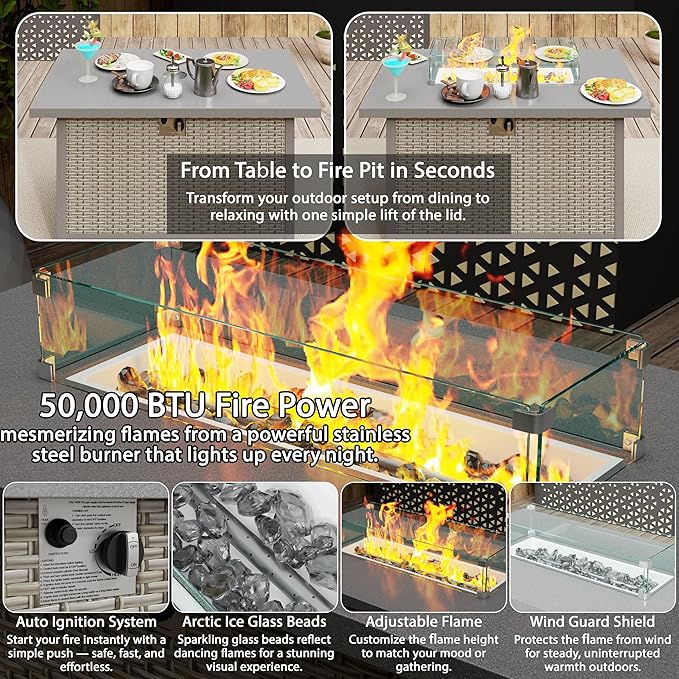 13 Piece Patio Furniture Set, 8" Wide Arm Sectional Sofa Set with 50000 BTU Propane Fire Pit Table & Coffee Table, Rattan Outdoor Conversation Set for Garden, Porch, Lawn, Gray