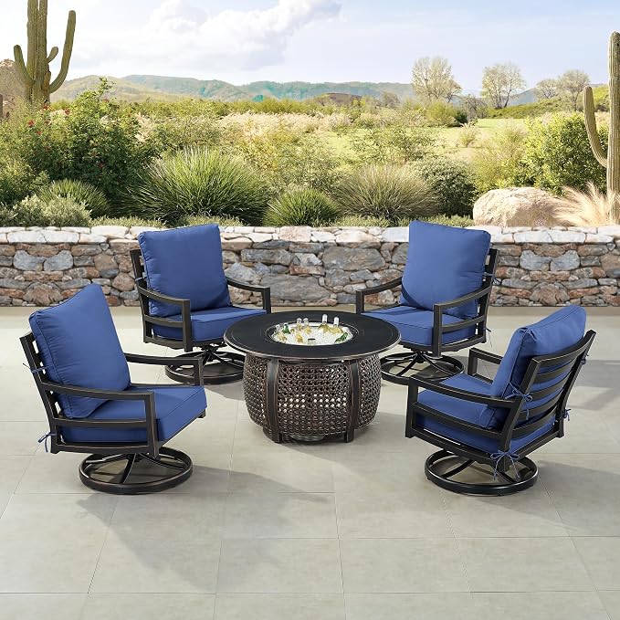 Oakland Living Black Aluminum Patio Fire Table Set with Four Club Chairs with Blue Cushions