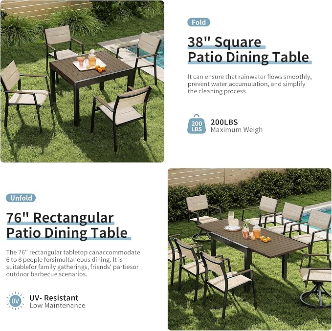 Expandable Patio Dining Table for 4-8 Person, Aluminum Extendable Outdoor Table, 38"-77" Adjustable Patio Table, Square/Rectangular Outdoor Accent Table for Garden, Backyard, Poolside, Gray