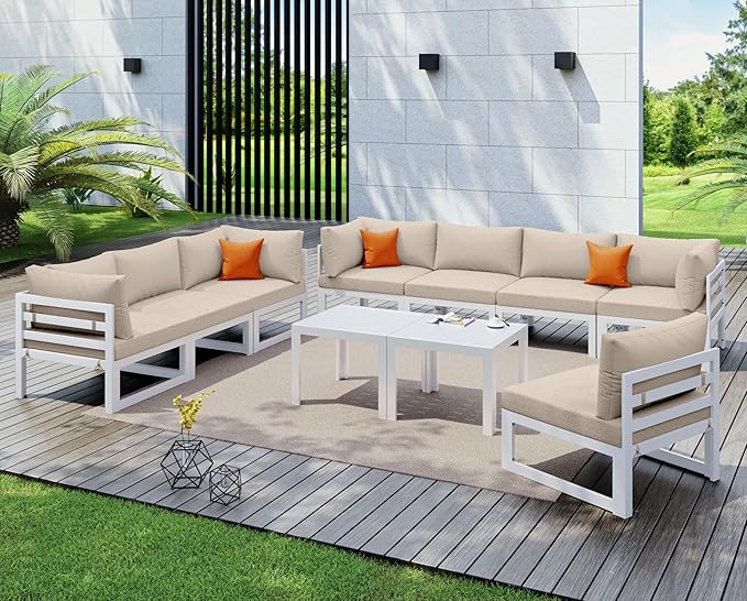 NICESOUL 8 Seat Oversized Modern Aluminum Patio Furniture Set, Weather Resistant Modular Sectional Sofa with Coffee Table, 500 lbs Heavy Duty Comfortable Outdoor Couch for Exterior Backyard, Beige