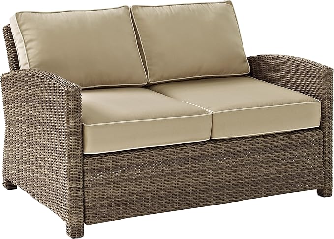 Crosley Furniture Bradenton 5-Piece Outdoor Loveseat Patio Furniture Set, Wicker Conversation Sets for Porch, Brown with Sand Cushions