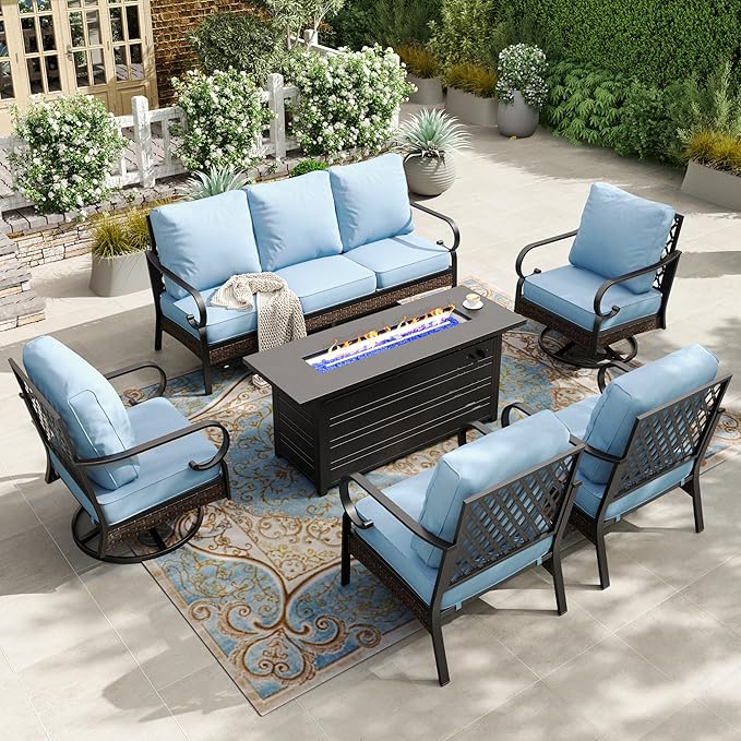 HERA'S HOUSE 6 Piece Metal Patio Furniture Set with 56" Fire Pit Table, All Weather Outdoor Conversation Set, 3 Seat Sofa, 2 Swivel Chairs, 2 Fixed Chairs, Seats 7 for Backyard, Garden, Deck, Blue