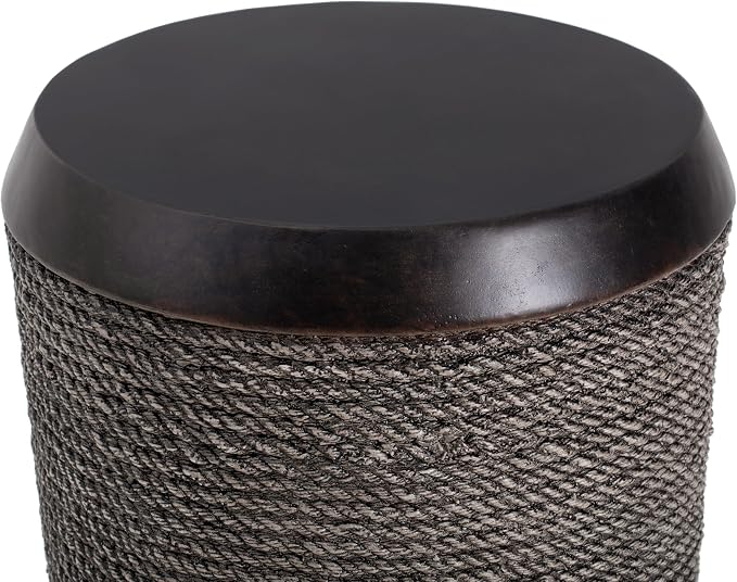 Round Outdoor Side Table MGO Concrete End Table with Simulated Braided Rope Texture, Fully Assembled Cylindrical Accent Side Tables for Patio, Balcony, Living Room, Garden,Vintage Dark Brown