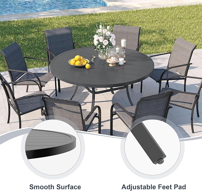 VICLLAX Patio 9 Pieces Outdoor Dining Set,Wrought Iron Metal Outdoor Table and Chairs Set,54" Round Table with Umbrella Hole and 8 Swivel Textilene Chairs for Lawn,Garden,Porch,Dark Grey/Grey