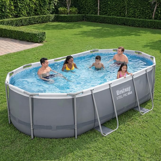 Bestway Steel Pro MAX 16' x 10' x 42" Above Ground Pool, Oval Metal Frame Outdoor Swimming Pool Set with Filter Pump, Ladder, and Cover, Gray