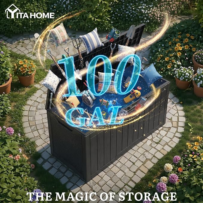 YITAHOME 100 Gallon Outdoor Storage Box, Large Water Resistant Resin Deck Box, Indoor Outdoor Lockable Storage Container for Patio, Garden, Cushions, Tools, Equipment (Black)