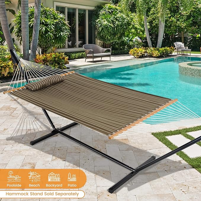 Lazy Daze Hammocks 12 FT Sunbrella Fabric Hammock not Fading with Spreader Bars and Free Pillow Fits for 2 Persons, All Weather and Fade Resistant for Patio Yard, 450 lbs Capacity, Harwood Cocoa