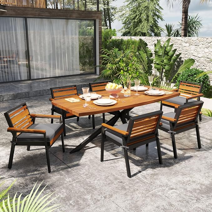 7 Pieces Metal Patio Dining Table Set with Acacia Wood, 74.8" Large Dinner Table, 6 Chairs with Dual-Layer Iron and Detachable Cushions, Outdoor or Indoor Furniture for Garden or Backyard, Black Gray