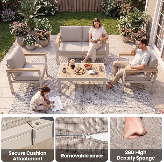 4-Piece 4-Seater Aluminum Patio Furniture Set, Outdoor Patio Table and Chairs Set with 2 Single Chairs+Loveseat+Coffee Table, 1.5mm Thick Rustproof Frame, Waterproof Washable Cushions for Porch Deck