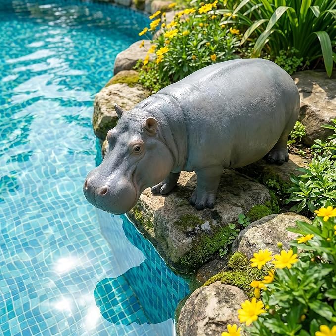 27.5" Lifelike Hippopotamus Garden Statue, Grey | Heavy-Duty Resin, Safari Yard Sculpture, Realistic Animal Figurine, For Outdoor Patio, Lawn & Poolside