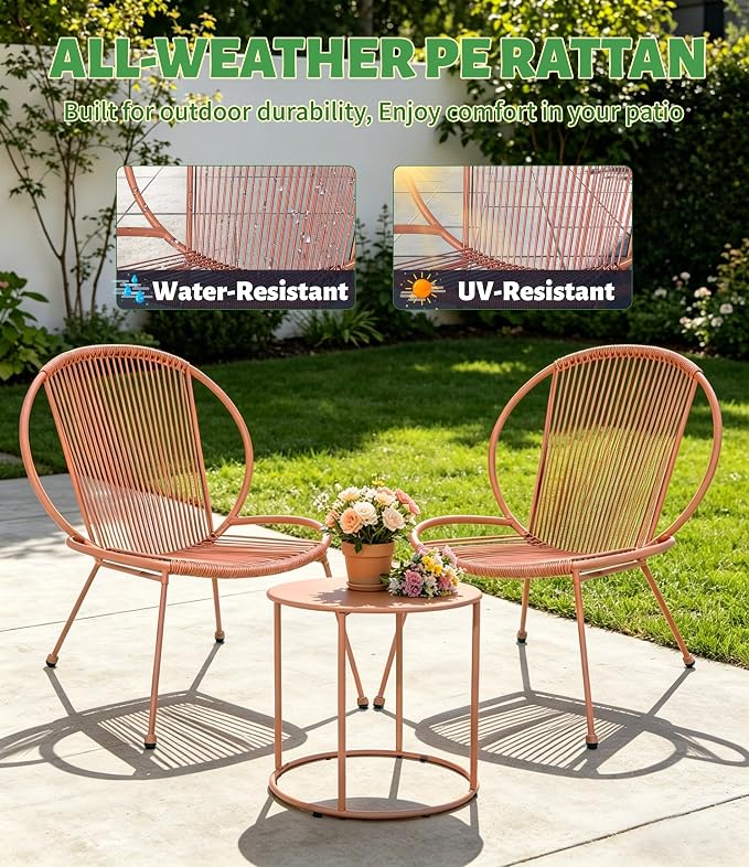 3-Piece Outdoor Patio Bistro Set, Wicker Chairs with Cushions, PE Rattan All-Weather Conversation Set with Coffee Table for Balcony, Porch, Backyard, Poolside, Garden, Deck, Terracotta