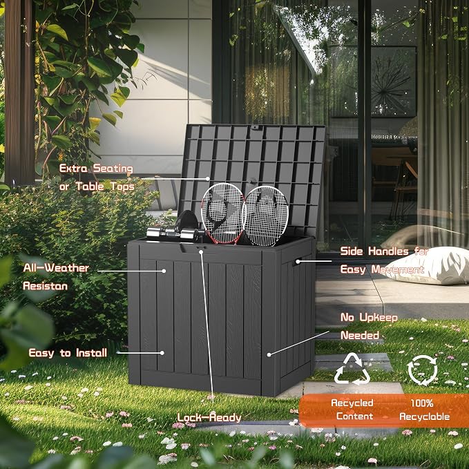 30 Gallon Outdoor Storage Box, Outside Resin Lockable Storage Boxes, Waterproof Deck Box for Patio Cushions, Garden Tools(Black)