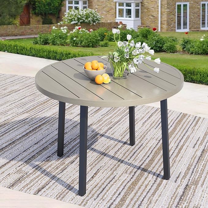 42" Round Patio Dining Table for 4, All-Weather Metal Patio Table with Umbrella Hole, Outdoor Round Dining Table for Lawn Garden Porch, Honey Oak