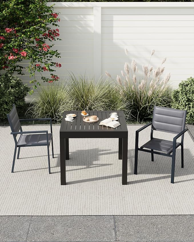 4 Piece Aluminum Patio Stackable Dining Chairs Set, Outdoor Metal Lightweight Stacking Dining Chair with Textilene Fabric, for Backyard Lawn Deck Poolside Porch Bistro, Dark Grey
