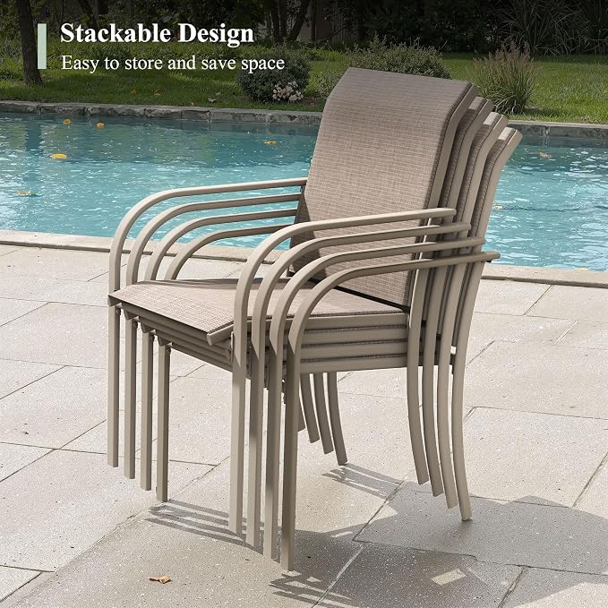 Patio Table and Chairs Set for 8, Outdoor Dining Set with 8 Stackable Dining Chairs and 53" x 53" Metal Slatted Round Dining Table for Porch, Deck, Lawn, Garden, Sandshell