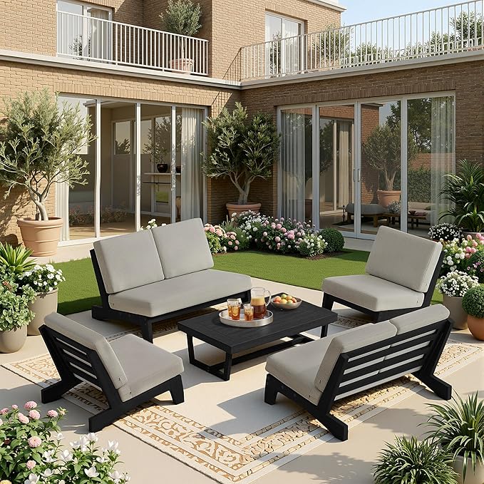 UIXE 5 Pieces All Weather Black Wood Patio Furniture Sets, 2 Patio Loveseat, 2 Patio Bistro Chair, Outdoor Sectional Sofa Furniture Backyard Conversation Set with Coffee Table - Light Camel